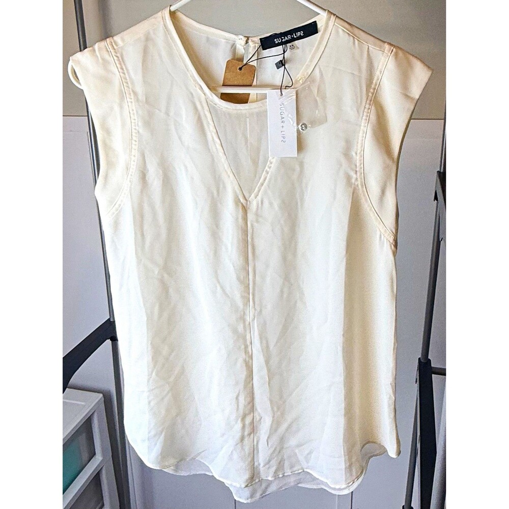 SUGAR+LIP2 Women's White Solid Sheer Chiffon Zip Sleeveless Blouse Size XS